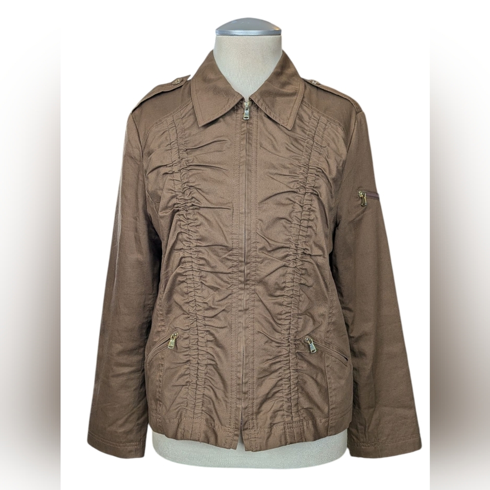Ruched Chocolate Brown Jacket With Gold Zipper Detail